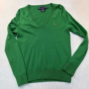 Damaged Polo Ralph Lauren Women Med. Green 100% Merino Wool V-Neck Sweater READ